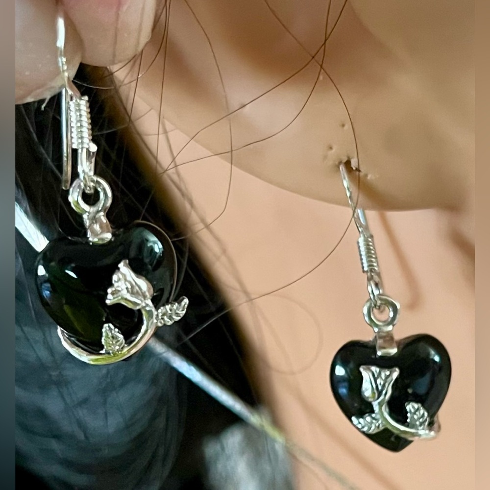 925 (EUC) onyx pierced earrings pendant 20” necklace set signed  vintage jewelry - Picture 9 of 17